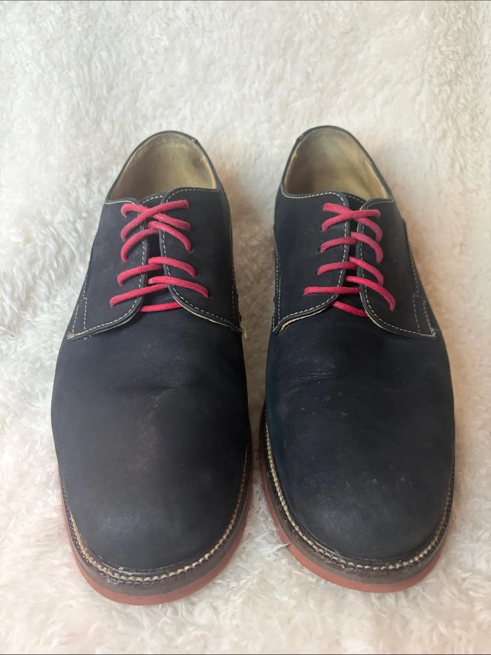 1901 Nordstrom Mens Navy Blue Suede Derby Shoes Red Laces Brick Sole